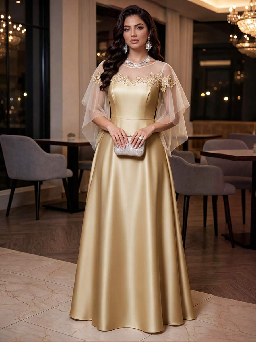 Auveirra Plus Size Women's Elegant Contrast Mesh Applique Dress - Gold - View 1