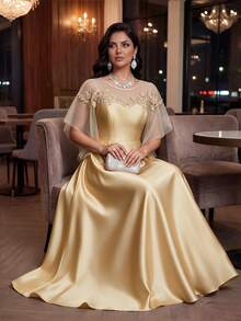 Auveirra Plus Size Women's Elegant Contrast Mesh Applique Dress - Gold - View 11