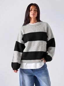 LYSMO Women's Round Neck Drop Shoulder Long Sleeve Casual Loose Striped Sweater - Multicolor - View 1