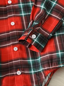 SHEIN Baby Boy Colorful Plaid Collar Long Sleeve Romper, Versatile And Comfortable - Multicolor - View 4