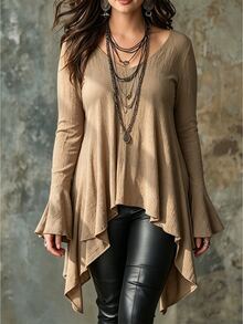 Linhara CURVE Fashion Casual French Vintage Elegant Commuter Ruffle Khaki Blouse - Khaki - View 1