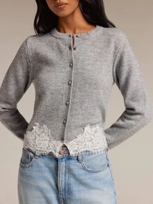 COSMINA Women's Lace Patchwork Casual Versatile Daily Outing Cardigan - Grey - View 7