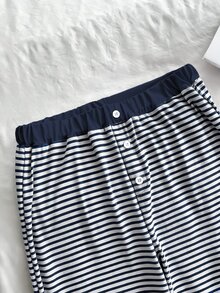 Elamini 女款優雅通勤休閒時尚百搭條紋吊帶長褲 2 件套 - 藍白色 - 查看 4