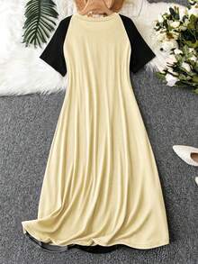 Linhara CURVE Plus Size Women's Colorblock Casual Daily Summer Dress - Apricot - View 2