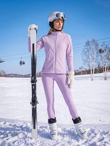 In My Nature Women's Raglan Long Sleeve Zip-Up Jacket, Cropped Vest And Long Pants Outdoor Set - Purple - View 3
