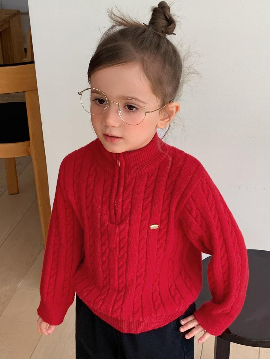 Hapijoa Sweater Rajut Kasual Lengan Panjang Setengah Resleting untuk Anak Perempuan - Burgundy - View 1