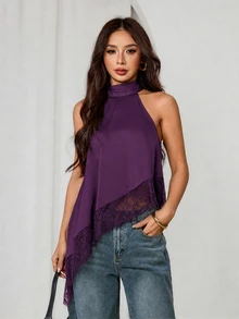SHEIN PETITE 不對稱高領掛脖上衣，蕾絲飾邊，晚宴派對雞尾酒會正式優雅風 - 紫色 - 查看 6