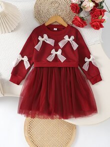 SHEIN Playful Pals 女童甜美優雅公主風波浪裙，酒紅配白色羅紋蝴蝶結網紗拼接長袖圓領常規款，生日派對秋季假期穿搭 - 酒紅色 - 查看 1