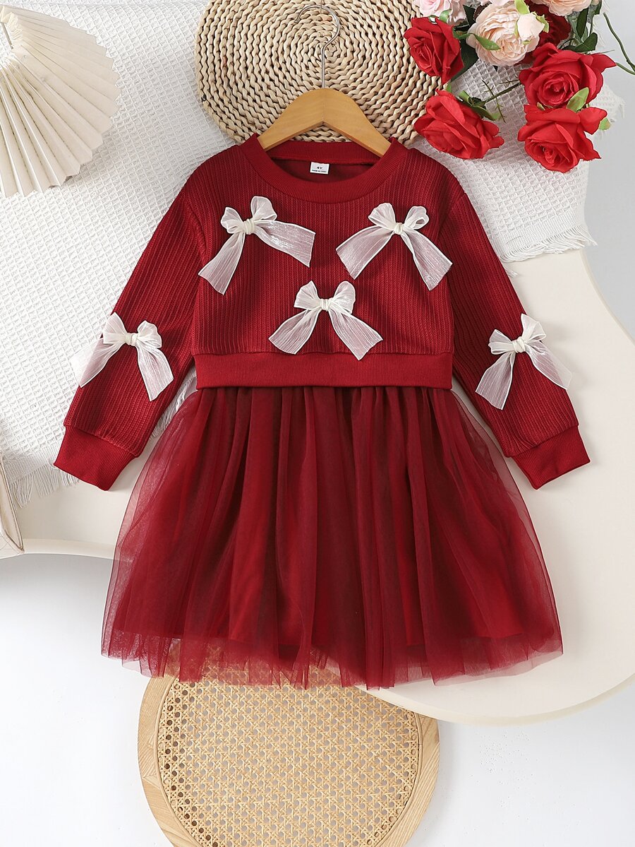 SHEIN Playful Pals 女童甜美優雅公主風波浪裙,酒紅配白色羅紋蝴蝶結網紗拼接長袖圓領常規款,生日派對秋季假期穿搭 - 酒紅色 - 查看 1