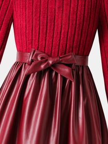 SHEIN Tween Girl Knit Solid Color Small Stand Collar Patchwork Woven Solid Color PU Leather Hem Casual Dress - Multicolor - View 4