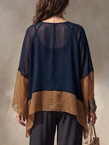 Linhara CURVE Colorblock Patchwork Sheer Mesh V-Neck Cover Up, Loose Batwing Sleeve Lightweight Airy Shirt Top - Navy Blue - View 3