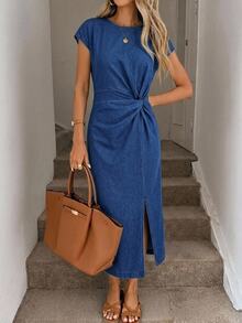 Easowa Women's Twisted Ruched Slit Design Casual Summer Denim Dress - Dark Wash - View 5