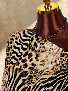 Amplova Women's Sexy Asymmetrical Shoulder Zebra Print Top - Black - View 5
