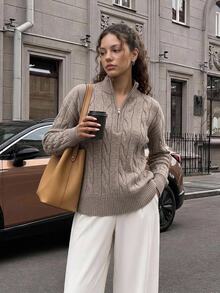 Livesso Tall Women's Knitted Cable Knit Casual Loose Sweater - Khaki - View 8
