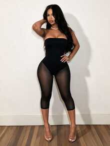 BamGleam Black Strapless Lace Sheer Mesh Jacquard Fitted Slimming Mid-Length Bodysuit For Women - Black - View 4