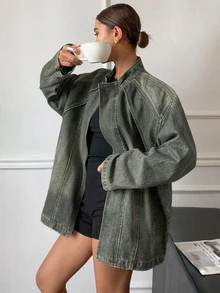 Livesso 女款西式破舊水洗褪色寬鬆長袖開領牛仔夾克外套 - 藍色 - 查看 4