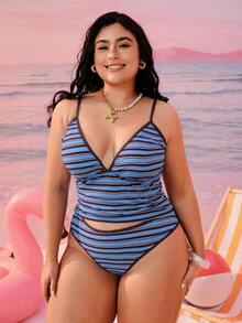 Swim Mod Plus Size Women 2 Pieces Random Geometric Square Print Fashion Vacation Casual Minimalist Slimming Tummy Control Conservative Bow Adjustable Thick Strap High Waist High Leg Triangle Bikini Swimsuit 2026 New Style - Blue - View 6