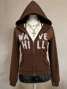 INAWLY Women's Letter Print Zip-Up Long Sleeve Sweatshirt - Rust Brown - View 2