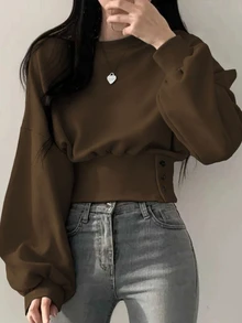 INAWLY Women's Solid Color Casual Versatile Daily Wear Long Sleeve Sweatshirt - Rust Brown - View 1
