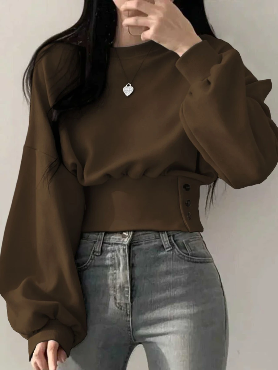 INAWLY Women's Solid Color Casual Versatile Daily Wear Long Sleeve Sweatshirt - Rust Brown - View 1