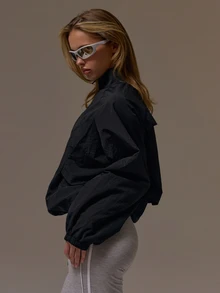 Musera Sport Funnel Neck Zip Through Panelled Cinch Bungee Hem Loose Oversized Fit Track Jacket Fall Winter Autumn Fitness Gym Pilates - Black - View 3
