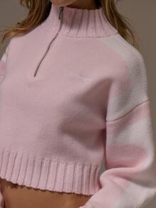 Musera Sport Knitted Funnel Neck Quarter Zip Contrast Panel Design Boxy Cropped Fit Coord Jumper Cute Girly Autumn Winter Fall Gym Holiday Dainty Ice - Pink - View 5