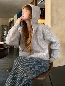 DAZY Women's Solid Color Long Sleeve Hooded Loose Casual Zip-Up Knit Cardigan Winter - Khaki - View 5