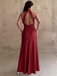 Firerie 女款蕾絲拼接性感約會派對掛脖長洋裝 - 酒紅色 - 查看 3
