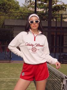 SHEIN Women's Letter Print Long Sleeve Top And Shorts Casual Daily Sports 2 Pieces Set - Red and White - View 6