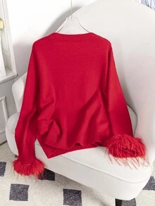 Auvina Plus Size Women's Autumn/Winter Crew Neck Long Sleeve Casual Pullover Sweater - Red - View 2