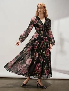 Aveloria Modichic 女款 A 字長洋裝 雪紡 V 領燈籠袖 分層抽繩設計 優雅黑色花卉長裙 秋季女裝長洋裝 - 棕色 - 查看 2