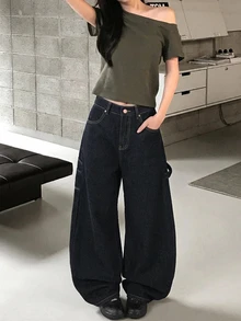 DAZY 女款休閒日常旅行牛仔褲，附口袋與鈕扣設計 - 深色水洗藍 - 查看 3