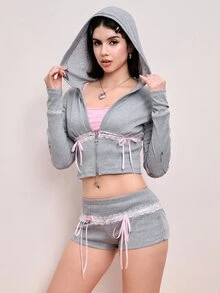 ROMWE Y2K Setelan 2 Potong Kardigan Berkerudung dan Celana Pendek Musim Gugur/Dingin untuk Wanita - Light Grey - View 4