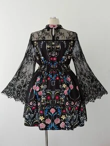 Sunspun Plus Size Floral Lace Long Sleeve Vintage Print Sheer A-Line Dress - Black - View 2