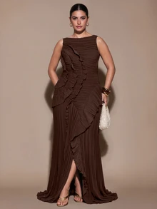 SHEIN BAE CURVE Plus Size Women Solid Color Pleated Slit Design Fashion Party Dress - Brown - View 5