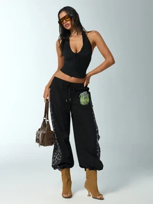 Rick and Morty X SHEIN Women's Cartoon Pattern Casual Versatile Daily Wear Long Pants - Black - View 4