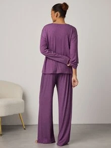Ocili 極簡舒適無領軟質女款居家服套裝 - 紫丁香色 - 查看 5