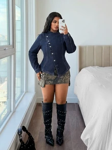 Jeanoix Plus Size Women's Blue Denim Jacket With Button-Down Front And Phoenix Eye Buttons - Dark Wash - View 3