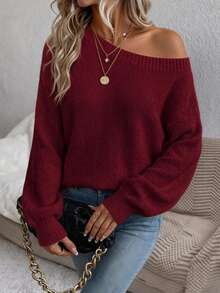 EMERY ROSE Women's Solid Color One Shoulder Long Sleeve Loose Sweater, Autumn/Winter - Burgundy - View 3