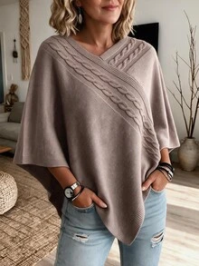 Sprig & Strand Women's Soft Elegant Autumn/Winter Diagonal Cable Knit Shawl, V-Neck Cape Style Asymmetrical Hem, Versatile Layering Outerwear For Daily Commute And Dating - Mocha Brown - View 7