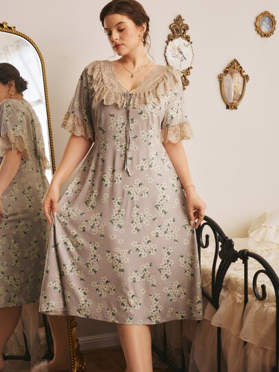 Côtesoire Gaun Tidur Panjang Ukuran Besar dengan Motif Bunga dan Polkadot Romantis Elegan ala Prancis