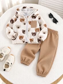 SHEIN Baby Boy Autumn/Winter Brown Long Sleeve Jacket & Elastic Waist Long Pants 2 Pieces Set, Suitable For Christmas Gift And Outdoor Wear - Multicolor - View 4