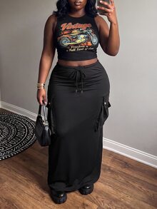 Slaydiva Plus Size Women Solid Color Drawstring Waist Casual Daily Skirt - Black - View 5