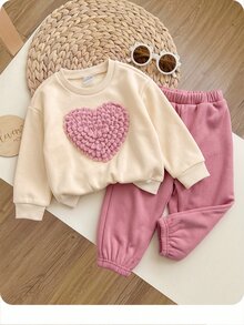 SHEIN 女嬰愛心圖案長袖運動衫與長褲休閒套裝 - 粉色 - 查看 1