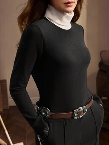 Nima Coro Women's High Neck 2 In 1 Long Sleeve Casual Top - Black - View 6