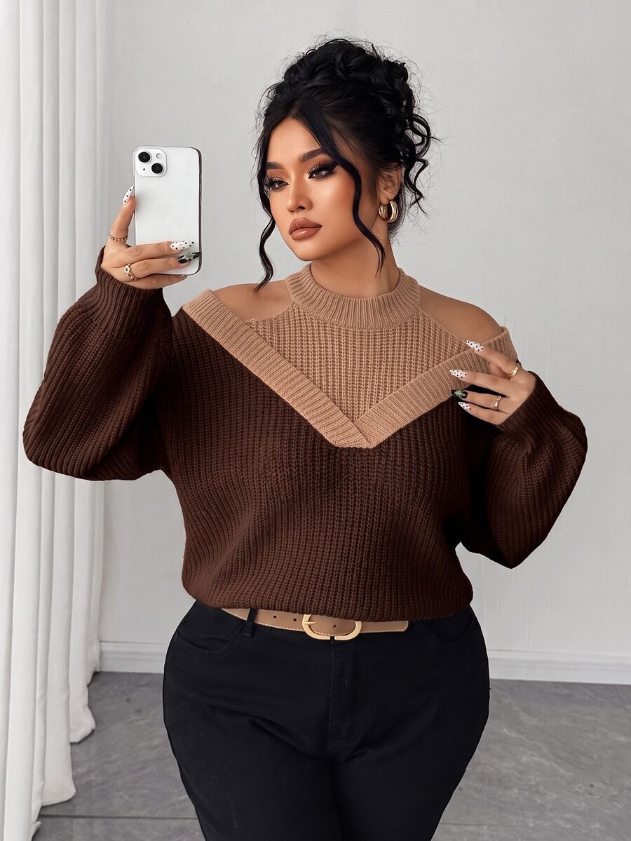SHEIN Elenzya Women's 2-Piece Faux Cold Shoulder Contrast Color Fashion Pullover Sweater - Pink - View 1