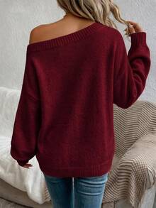EMERY ROSE Women's Solid Color One Shoulder Long Sleeve Loose Sweater, Autumn/Winter - Burgundy - View 2