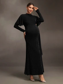 Cheriluna Maternity Elegant Solid Color Mesh Patchwork Maternity Dress - Black - View 6