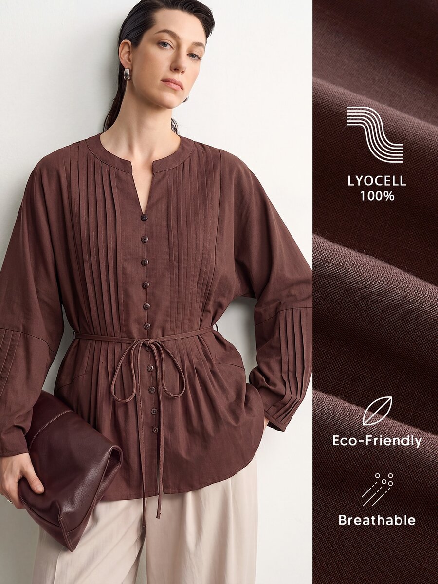 Aalyst Blus Wanita Warna Polos Leher V Lengan Panjang Lipit dengan Ikatan di Depan - Coklat - View 1