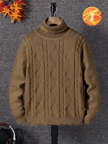 SHEIN Little Byeori 兒童青少年男孩休閒日常百搭舒適高領長袖套頭純色針織秋季毛衣 - 摩卡棕 - 查看 3